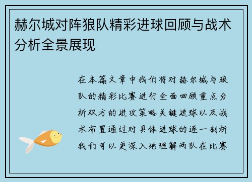 赫尔城对阵狼队精彩进球回顾与战术分析全景展现